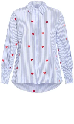 Stripe Heart Print Cotton Shirt - blue
