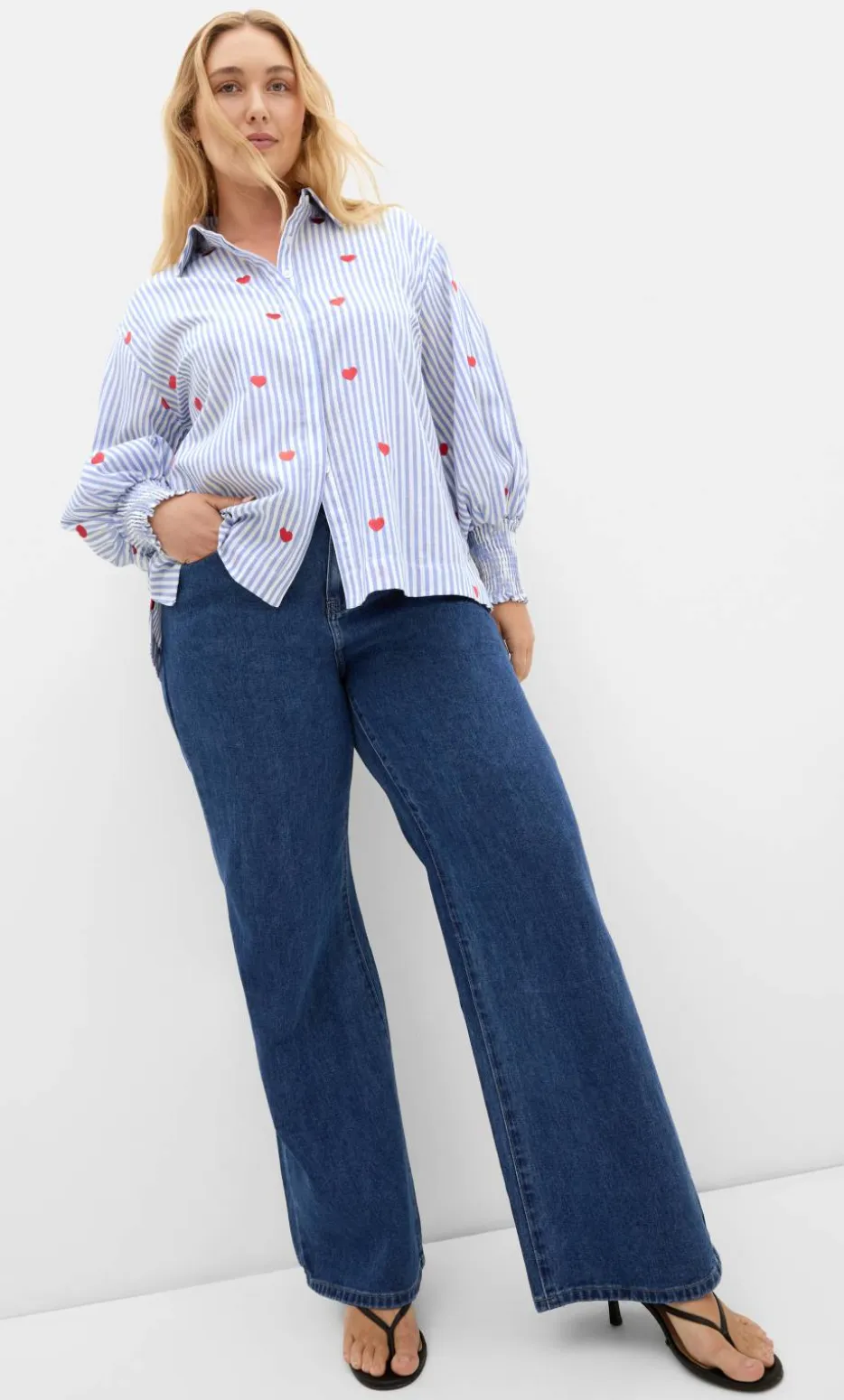 Stripe Heart Print Cotton Shirt - blue