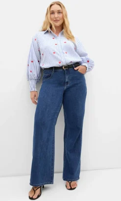 Stripe Heart Print Cotton Shirt - blue