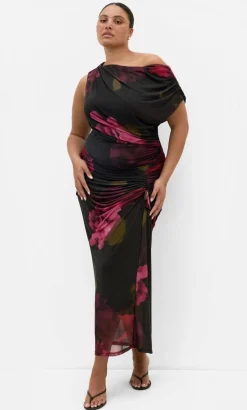 Vivid Mesh Garden Print Maxi Dress - black