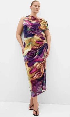 Vivid Mesh Swirl Print Maxi Dress - deep purple
