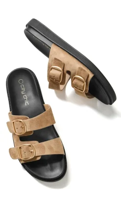 WIDE FIT Casey Dual Buckle Slide - almond